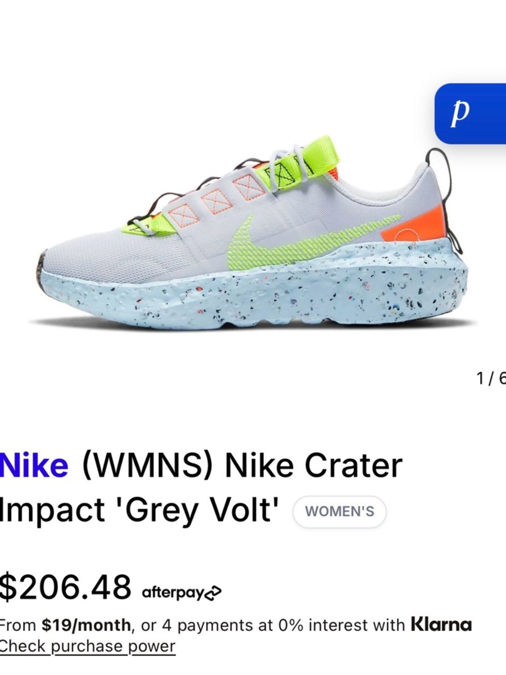 Nike Women's Crater Impact Sneaker - Light Grey, Volt, Coral, Speckled Blue